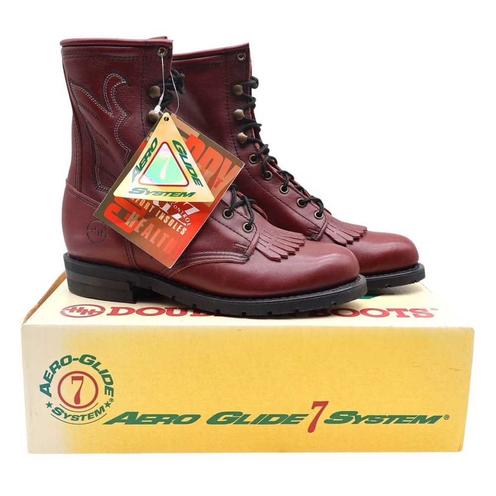 Double-H Boots Packer Boots 7 M Vintage Burgundy Leather Aero-Glide 7 USA 9313